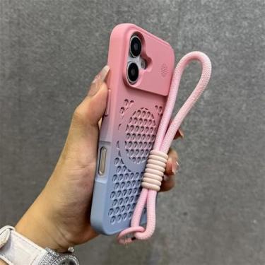 Imagem de Capa magnética com gradiente de dissipação de calor para iPhone 16, 15, 14, 13, 12 Pro Max, 16 Plus e 11, com cordão para pulso, rosa e azul, compatível com iPhone 14 Pro.