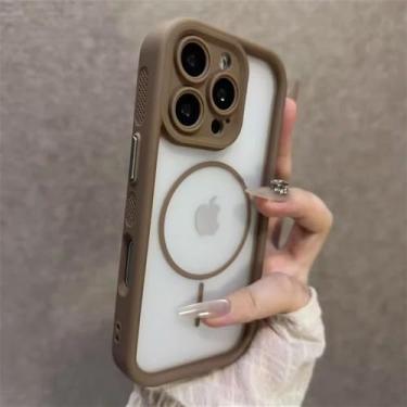 Imagem de Capa magnética fosca para iPhone 16, 15, 14, 13, 12 Pro Max Plus, 11 e 16 Pro com dissipação de calor e carregamento translúcido, marrom, para iPhone 14 Plus.