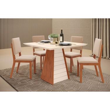Imagem de Conjunto: Mesa de Cozinha Fler c/ Tampo Madeirado c/ Vidro 90x90cm e 4 Cadeiras Talia Freijo/Off White - Suede Creme - DJ Móveis
