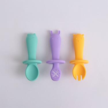 Imagem de Conjunto 3 Talheres Silicone Infantil Treino Primeiras Papinhas Design Animais Ergonômico Seguro Para Bebês Premium
