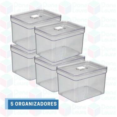 Imagem de Kit 5 Organizadores Alimento Geladeira Alto Retangular Tampa - PLASTUT