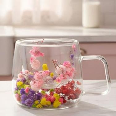 Imagem de Xícara Caneca de vidro Duplo Borossilicato 110ml com Flores Secas colo