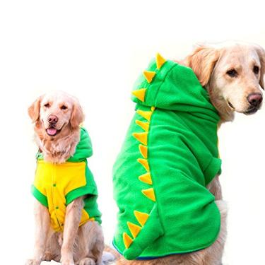 Imagem de FLAdorepet Roupas engraçadas para fantasia de dinossauro para cães grandes, pijamas de cachorro com capuz para inverno quente para animais de estimação Golden Retriever Pitbull (3GG, verde)