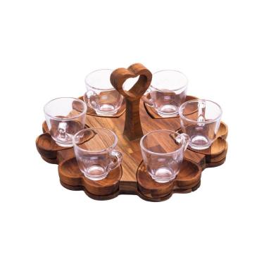 Imagem de Kit 6 Xícaras 65Ml Com Pires E Suporte De Madeira Coração