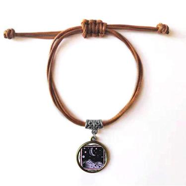 Imagem de DIYthinker Pulseira roxa de montanha e lua com elemento de gravação, pulseira de couro marrom joia presente