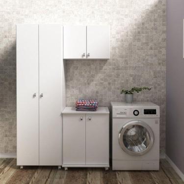 Imagem de Conjunto Lavanderia Multiuso 3 Peças 1 Armário Multiuso 1 Balcão 1 Armário Aéreo AM3104 Tecno Mobili Branco