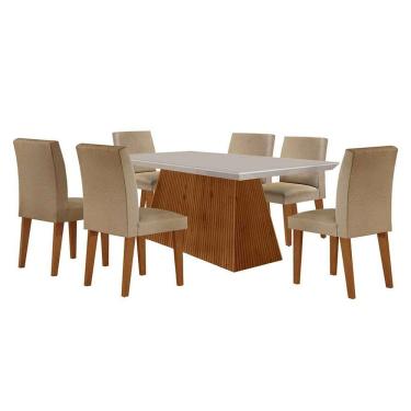 Imagem de conjunto de mesa de jantar retangular com tampo de vidro off white luna e 6 cadeiras grécia linho bege e imbuia