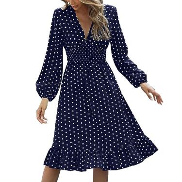 Imagem de Vestido feminino outono cor sólida cintura envoltório mostrar estampa de pontos finos vestido de manga comprida feminino vestidos longos casual, Azul marino, GG