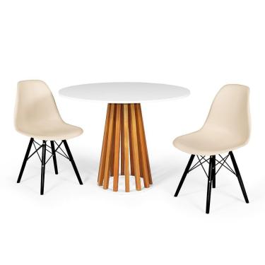 Imagem de Conjunto Mesa de Jantar Redonda Talia Amadeirada Branca 100cm com 2 Cadeiras Eames Eiffel Base Preta - Nude