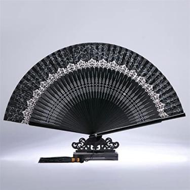 Imagem de Leque dobrável japoneses leques pretos senhoras, leques dobráveis de seda, leque de bambu personalizado por de decoração de casamento antiga 9 acessórios decorativos feitos à mão (cor: preto, tamanho: 8 polegadas)