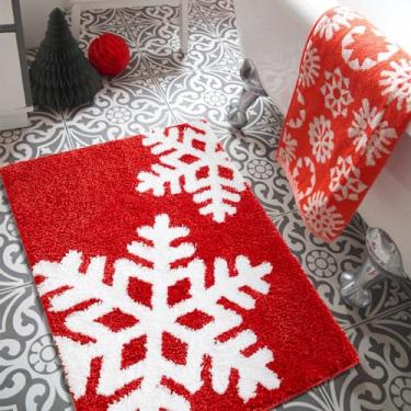 Imagem de Estmy Tapete vermelho de floco de neve Joy Christmas 2x3, tapetes de banheiro de Natal macios fofos de pelúcia macios de inverno sazonais tapete de cozinha antiderrapante lavável na máquina, tapetes pequenos com destaque de Natal para capacho interno de entrada
