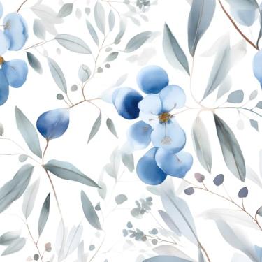 Imagem de XRUIBZI Papel de parede de folha descascar e colar papel de parede floral azul aquarela papel de contato folha verde para armários papel de parede autoadesivo à prova d'água para cozinha bancada