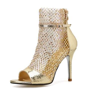 Imagem de azmodo Sandália feminina gladiador strass rede enfeitada cristais salto agulha peep toe noite tornozelo sandálias sapatos, Dourado, 6.5-7