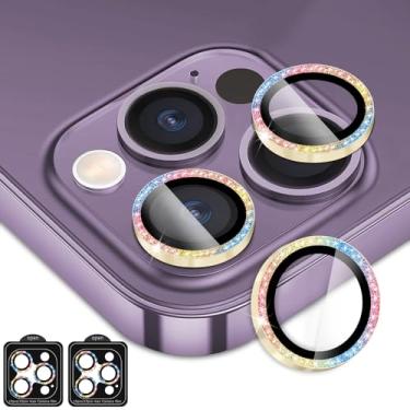 Imagem de OUYTEU Pacote com 2 protetores de lente de câmera (diamante colorido) para iPhone 15 Pro e iPhone 15 Pro Max, anel de metal de vidro temperado 9H, Ultra HD, compatível com capas, compatível com iPhone
