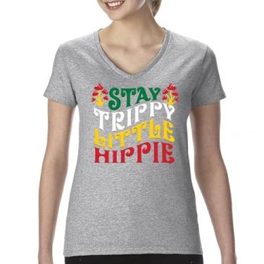 Imagem de Camiseta feminina Stay Trippy Little Hippie Puff com decote em V Hippies Vintage Peace Love Happiness Retro 70s Cogumelos, Cinza, M