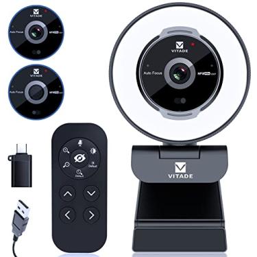 Imagem de Vitade Webcam ampliável com controle remoto, webcam de streaming 1080p 60FPS com anel de luz e microfone, webcam Pro USB com zoom digital 5X Capa de privacidade integrada para Zoom/Skype Teams/PC/Laptop/Mac