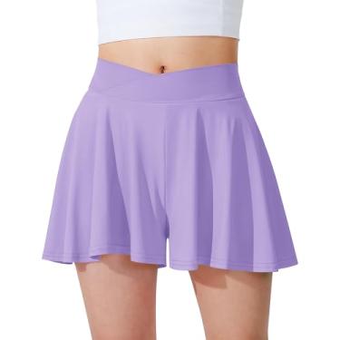 Imagem de Somaibo Short feminino rodado borboleta com forro 2 em 1 tênis atlético corrida academia shorts com bolsos para crianças, Roxa, 5-6 Anos