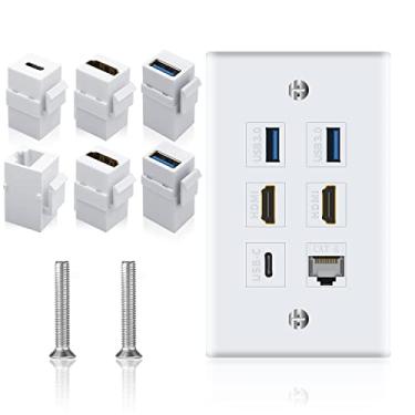 Imagem de Poyiccot Placa de tomada para HDMI Ethernet e USB 3.0 e tipo C, 6 portas, 2 HDMI HDTV + 2 USB 3.0 + 1 Ethernet Cat6 RJ45 + 1 conector Keystone tipo C para capa de placa de parede, branca