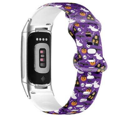 Imagem de Pulseira esportiva macia compatível com Fitbit Charge 5/Fitbit Charge 6 (Happy Halloween Pumpkin)