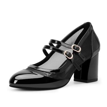 Imagem de yowmns Sapato social feminino Air Mesh salto alto Mary Janes fivela dupla bico redondo (preto, 38), Preto, 36