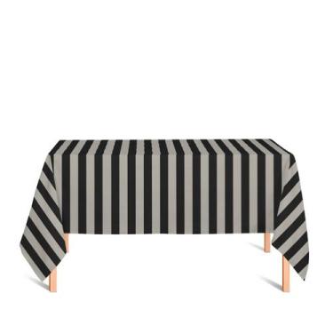 Imagem de Toalha de Mesa Retangular em Tecido Jacquard Preto e Cru Listrado Trad