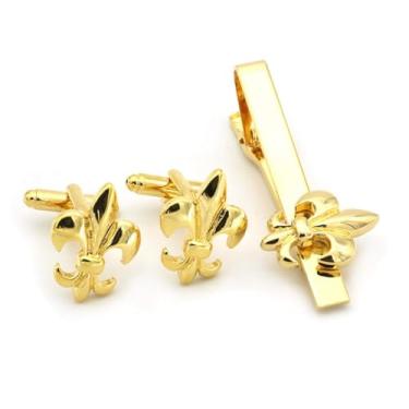 Imagem de Fleur De Lis Conjunto de abotoaduras douradas e prendedor de gravata para homens, elegantes abotoaduras combinando e barra de gravata para eventos formais e ocasiões de presente, Medium, latão, Sem