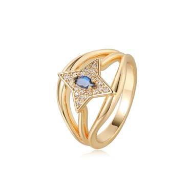 Imagem de Valloey Rover Anéis de noivado femininos banhados a ouro 14K delicados anéis de noivado falsos para mulheres simples azul CZ anéis de ouro joias de ouro moderno tamanho 6-8, Latão, Sem pedra preciosa