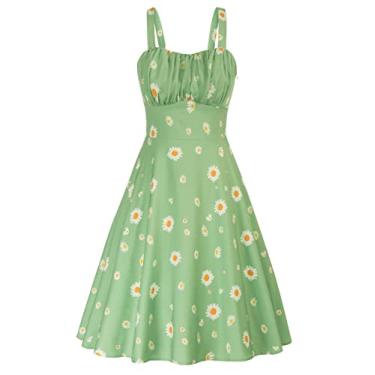 Imagem de Belle Poque Vestido midi rodado vintage vintage sem mangas liso floral franzido de verão, Margarida verde sálvia, P