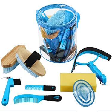 Imagem de Kit de cuidados com cavalos 9 peças conjunto de suprimentos para sala com bolsa organizadora, curry de massagem oval, escova dura e macia, palheta de casco, raspador de suor, esponja de banho, pentes para iniciantes (azul)