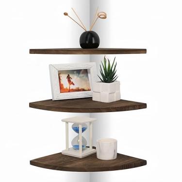 Imagem de DUICIRX Prateleiras de parede de canto, prateleiras flutuantes de canto de madeira com pista de cabo, exibição de armazenamento de parede para acessórios de TV, monitor, alto-falante (marrom escuro