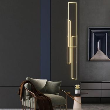 Imagem de Lustre pendente LED regulável moderno com controle remoto com altura ajustável 140W Lustre de escada longa Luminária de teto alto para hotel Foyer, lustre retangular de 4 anéis, 3 luzes