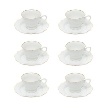 Imagem de Cj 6 Xícaras P/Café C/Pires de Porcelana Branca Maldivas C/Filete Dourado 80ml Wolff