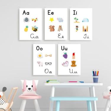 Imagem de Kit 5 Quadros Vogais Pedagogicos Educativos Escola 20x28cm - CAMALEÃO 