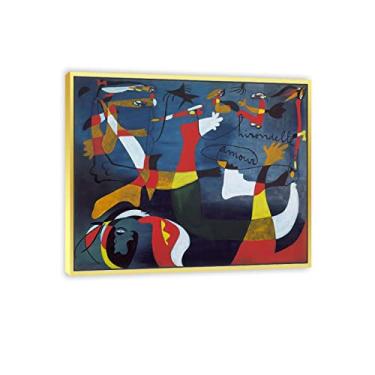 Imagem de JZSDGB Impressão em tela com moldura dourada reprodução de pintura famosa - 'Hirondelle Amourby Joan Miro pôsteres e impressões - arte de parede em tela abstrata imagens de Joan Miro para decoração de