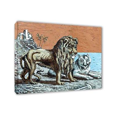 Imagem de Giorgio de Chirico Artista Famoso Tela Arte de Parede Emoldurada Pronto para Pendurar - Reproduções de Pinturas Cartazes Leão e Leoa à beira-mar Imagens de Arte para Decorações de Escritório 20 x 25