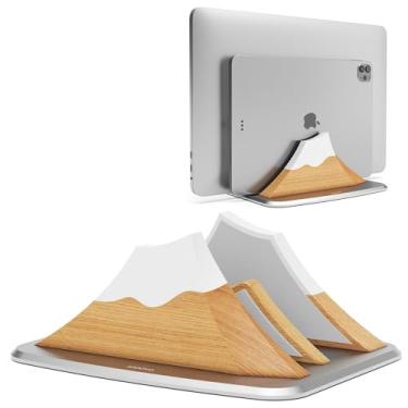 Imagem de Suporte vertical duplo para laptop – Suporte ajustável de madeira em forma de pico de neve, base de mesa com 2 compartimentos, compatível com todos os MacBook, Surface, Chromebook, Dell e mais