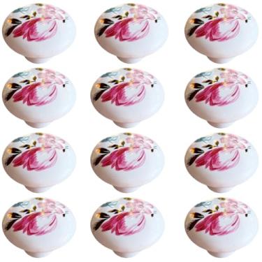 Imagem de Tverghvad Puxadores de gaveta de cerâmica pintados à mão, [pacote com 12] puxadores de cômoda vintage pintados com flores, puxadores e puxadores de armário de cozinha (rosa, 12 peças)