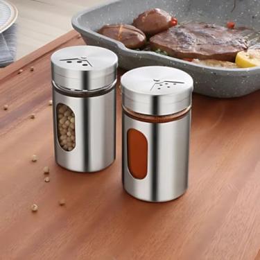 Imagem de Conjunto de Potes de Vidro e Inox para Temperos, 2 Peças, Tampa com Abertura para Visualização, 3 regulagem de tamanho