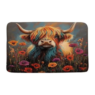 Imagem de GCTNBJL Highland Cow Tapete de banho rústico casa de fazenda animal touro vaca papoula flor vintage pintura a óleo casa escritório quarto capacho banheiro tapete de chão, 48 x 75 centímetros