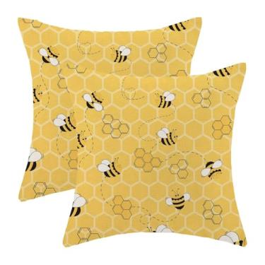 Imagem de Sommer Capas de almofada amarela abelha 45,7 x 45,7 cm conjunto de 2 capas de almofada decorativas para ambientes externos amarelo favo de mel verão casa de fazenda de linho sazonal capa de almofada
