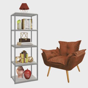 Imagem de Kit Poltrona Fatte com Estante Livreiro Ferro Prata mdf Marmorizado Cinza Suede Terracota - Ahazzo Móveis