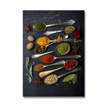 Imagem de Arte de parede colorida em tela para especiarias e colher de tempero | Decoração de cozinha vintage | Arte moderna para casa e sala de jantar (especiarias mistas 20). 80 x 112 cm - 31,4 x 44,1 pol sem