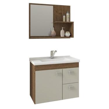 Imagem de Gabinete de Banheiro com Cuba e Espelheira Hortencia 55cm Amendoa/Off 