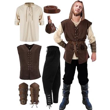 Imagem de Suhine Conjunto de 6 peças de fantasia masculina renascentista, colete medieval, calça com faixa no tornozelo, cinto viking, bolsa de braçadeira, Multicor, GG
