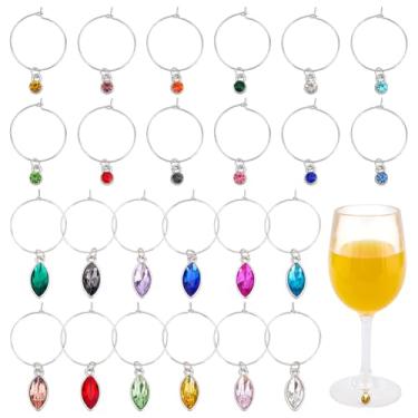 Imagem de FREEBLOSS Conjunto de 24 peças de pingentes de taça de vinho, pedras de aniversário, pingentes de taça de vinho, marcadores de bebida, pingentes de anéis, marcadores, identificadores, decorações