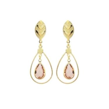 Imagem de Brinco Festa Gota Cristal Luxo Rosa Bebê Folheado Ouro 18k Antialérgico