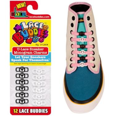 Imagem de Lace Buddies - Pingentes de renda para tênis da uLace - Pacote com 12 peças, Emoji de sinal de paz preto e branco, Peace Sign