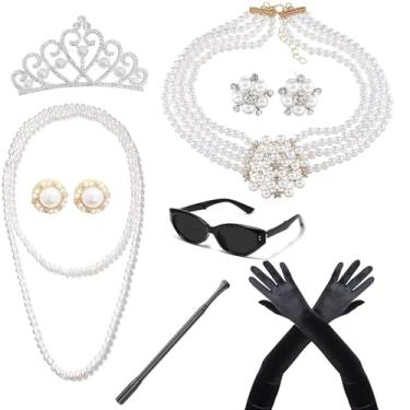 Imagem de VZqola 8 peças 1920 acessórios Hepburn fantasia Holly Golightly acessórios para mulheres fantasia de Halloween colar de pérolas brincos luvas óculos de sol melindrosa festa cosplay conjunto de joias