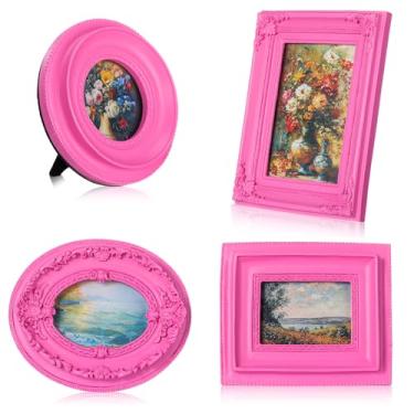 Imagem de Geetery Conjunto de 4 molduras vintage, mini porta-retratos antigos, pequeno, luxuoso, ornamentado, círculo, oval, retangular, pendurar na parede, para galeria, exibição de fotos, mesa, decoração de