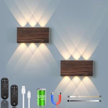 Imagem de Shelprojsu Arandela de parede LED sem fio, lâmpada de parede recarregável operada por bateria de 5200 mAh com controle remoto, 3 cores e luz de parede magnética regulável sem fio (nogueira, 2 peças)